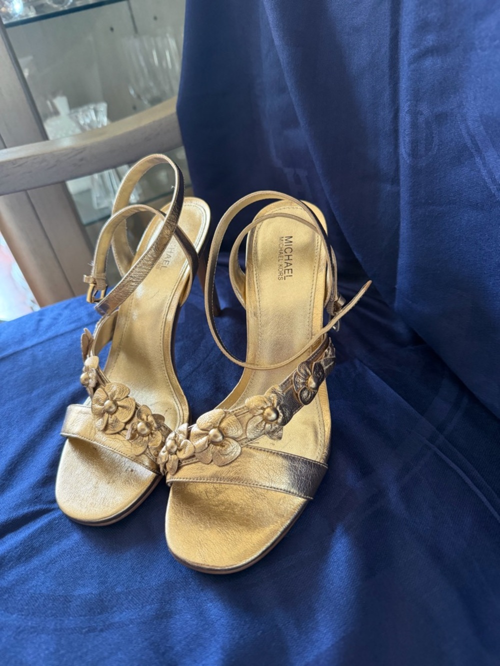 Michael Kors Metallic Gold Floral Slingback Heels - Picture 3 of 7